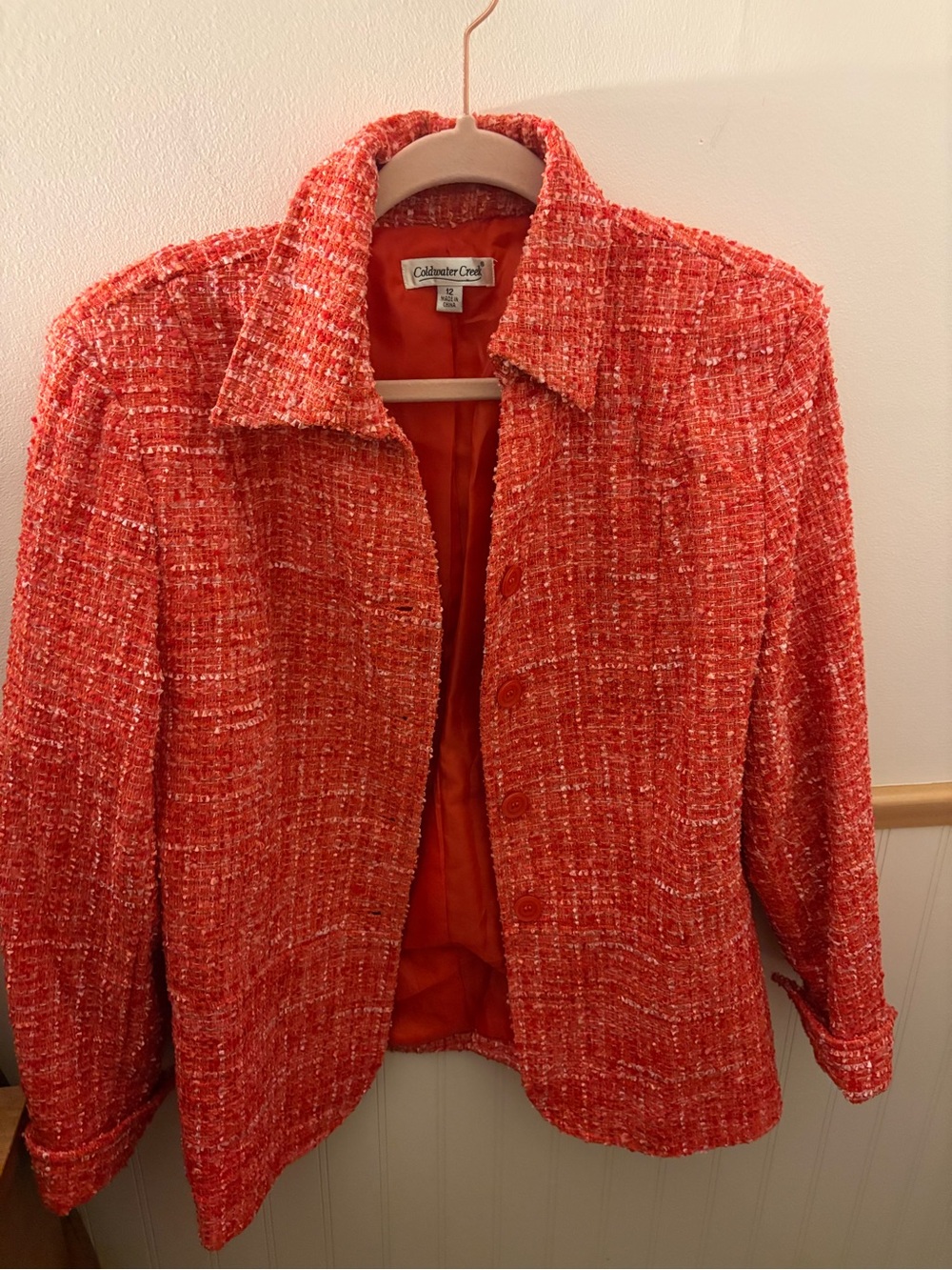 Coldwater Creek Women’s Size 12 Coral Bouclé Tweed Jacket Blazer